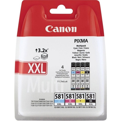 [CLI-581XXLBCMY] Cartus Value Pack cerneala Canon Pixma TR7550, TR8550, TS6150, TS6151, TS6250, TS6251, TS6350, TS6351, TS705, TS8150, TS8151, TS8152, TS8250, TS8251, TS8252, TS8350, TS8351, TS8352, TS9150, TS9155, TS9550, TS9551C, CLI-581XXLBCMY BCMY, 1998C005AA Cyan/Magenta/Yellow/Black Original