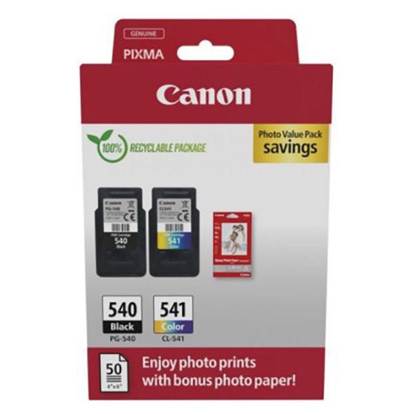 Value Pack cerneala Canon PG-540 + CL-541 + hartie foto 10x15 50coli, MG3650, MG3250, MG2250, MG3550, MG3150, Pixma MG2150 Cyan/Magenta/Yellow/Black  Original