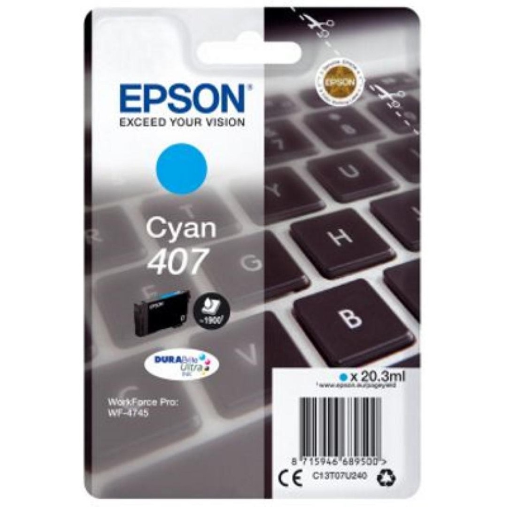 Cartus cerneala Epson WF 4745 Nr. 407 XL C13T07U240 Ink Cartridges, DURABrite™ Ultra, T9452, Singlepack, 1 x 20.3 ml Cyan, XL 1.9k Original