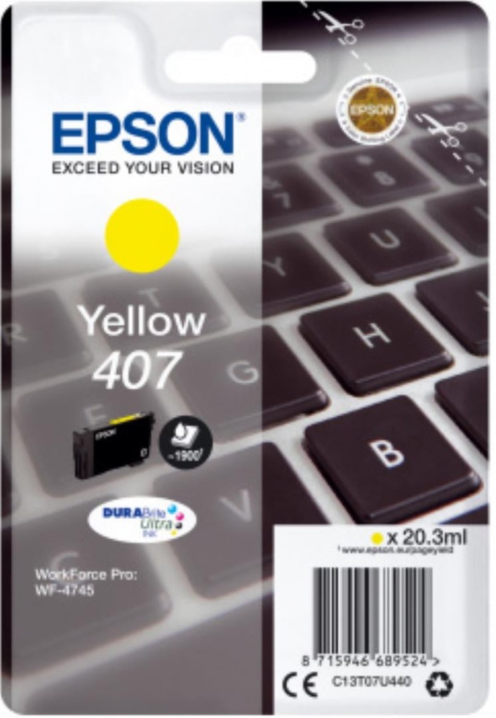 Cartus cerneala Epson WF 4745 Nr. 407 XL C13T07U440 Ink Cartridges, DURABrite™ Ultra, T9452, Singlepack, 1 x 20.3 ml Yellow, XL 1.9k Original