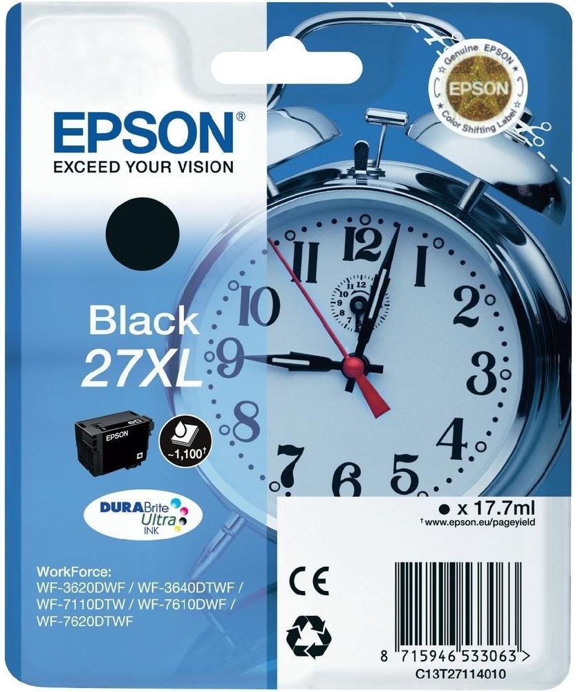 Cartus cerneala Epson WORKFORCE WF 3620DWF NR.27XL C13T27114012 Ink Cartridges, DURABrite™ Ultra, 27XL, Alarm clock, Singlepack, 1 x 17.7 ml Black, XL Original