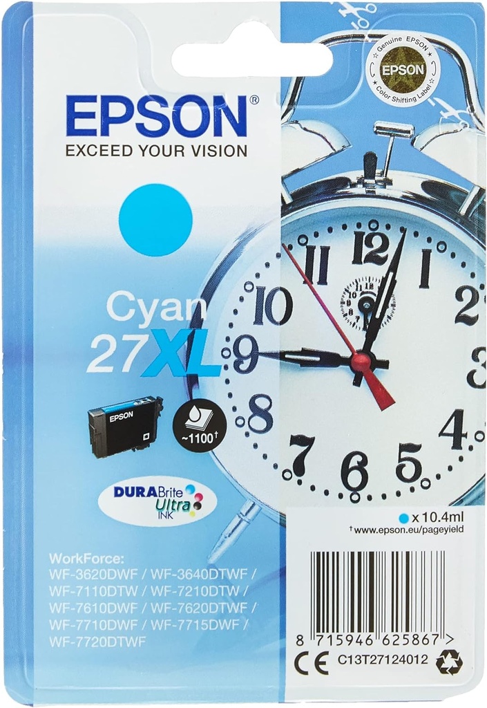 Cartus cerneala Epson WORKFORCE WF 3620DWF NR.27XL C13T27124012 Ink Cartridges, DURABrite™ Ultra, 27XL, Alarm clock, Singlepack, 1 x 10.4 ml Cyan, XL Original