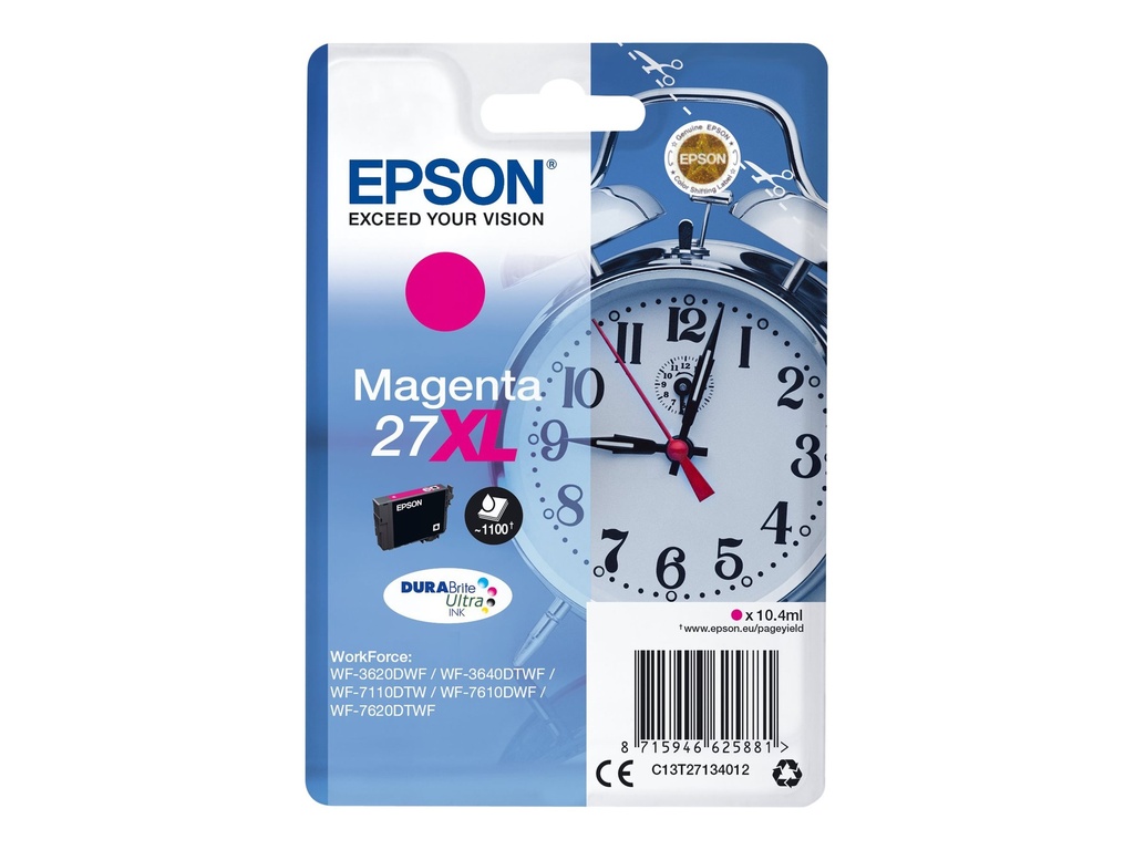 Cartus cerneala Epson WORKFORCE WF 3620DWF NR.27XL C13T27134012 Ink Cartridges, DURABrite™ Ultra, 27XL, Alarm clock, Singlepack, 1 x 10.4 ml Magenta, XL Original