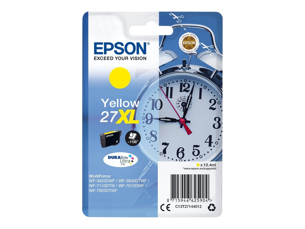 Cartus cerneala Epson WORKFORCE WF 3620DWF NR.27XL C13T27144012 Ink Cartridges, DURABrite™ Ultra, 27XL, Alarm clock, Singlepack, 1 x 10.4 ml Yellow, XL Original