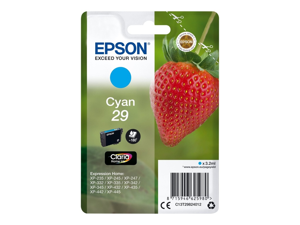 Cartus cerneala Epson XP 235, XP 245, XP 247 NR.29 C13T29824012 Ink Cartridges, Claria™ Home Ink, 29, Strawberry, Singlepack, 1 x 3.2 ml Cyan, Standard Original