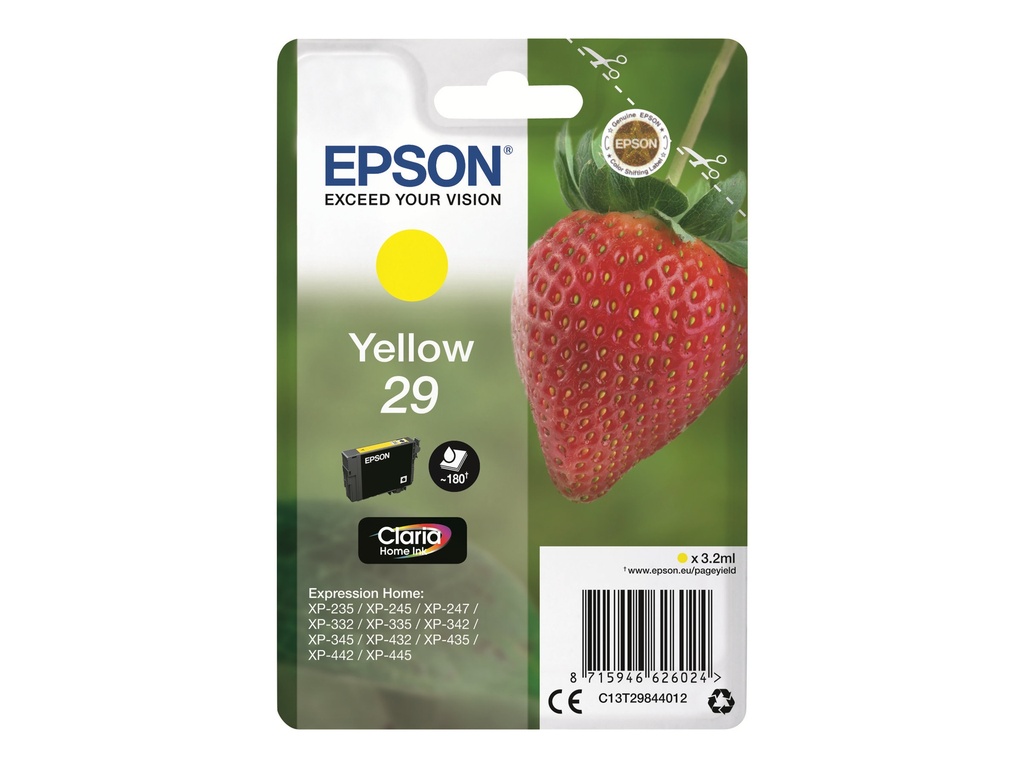 Cartus cerneala Epson XP 235, XP 245, XP 247 NR.29 C13T29844012 Ink Cartridges, Claria™ Home Ink, 29, Strawberry, Singlepack, 1 x 3.2 ml Yellow, Standard Original