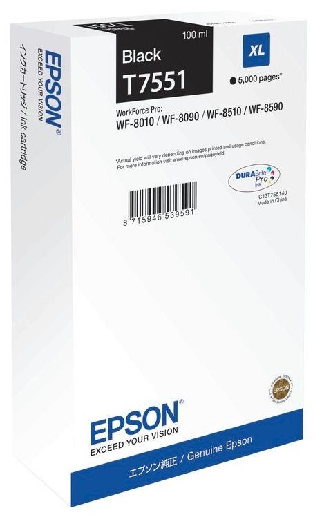 Cartus cerneala Epson Workforce Pro 8010DW XL C13T755140 Ink Cartridges, DURABrite™ Pro, T7551, Singlepack, 1 x 100.0 ml Black, XL 5k Original