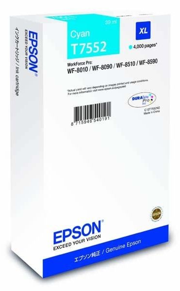 Cartus cerneala Epson Workforce Pro 8010DW XL C13T755240 Ink Cartridges, DURABrite™ Pro, T7552, Singlepack, 1 x 39.0 ml Cyan, XL 4k Original
