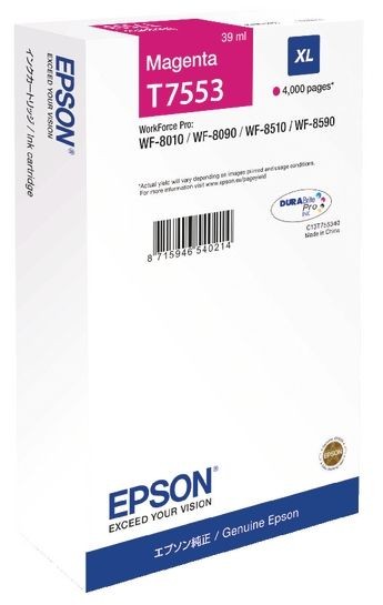 Cartus cerneala Epson Workforce Pro 8010DW XL C13T755340 Ink Cartridges, DURABrite™ Pro, T7553, Singlepack, 1 x 39.0 ml Magenta, XL 4k Original