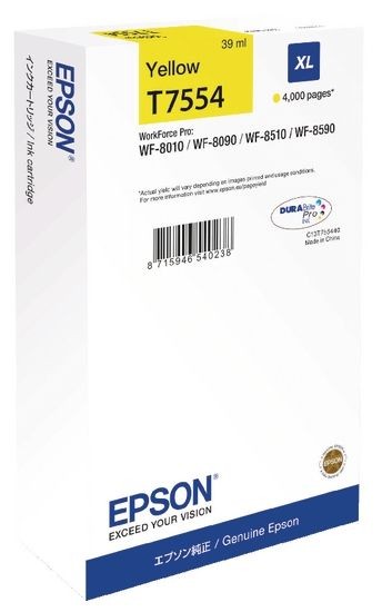 Cartus cerneala Epson Workforce Pro 8010DW XL C13T755440 Ink Cartridges, DURABrite™ Pro, T7554, Singlepack, 1 x 39.0 ml Yellow, XL 4k Original