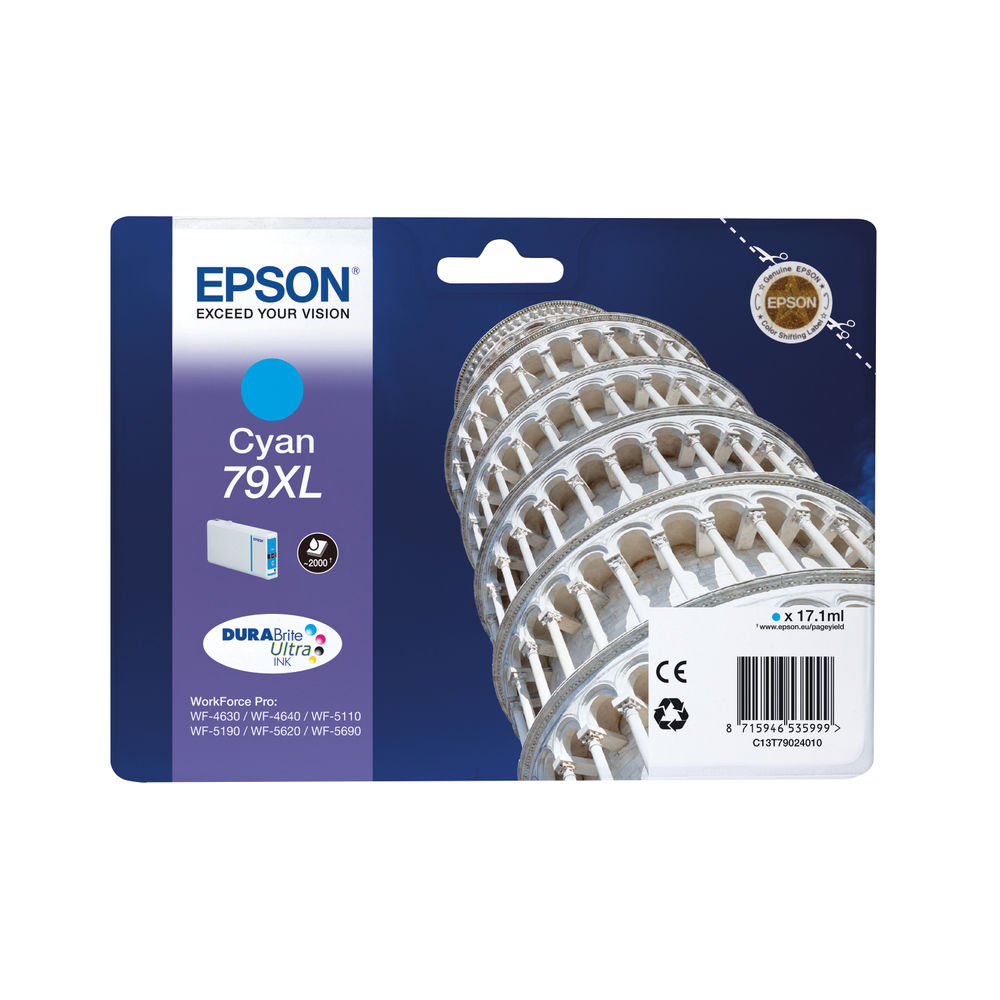 Cartus cerneala Epson WORKFORCE PRO WF 5620 DWF NR.79XL C13T79024010 Ink Cartridges, DURABrite™ Ultra, 79XL, Tower of Pisa, Singlepack, 1 x 17.1 ml Cyan, High, XL Original
