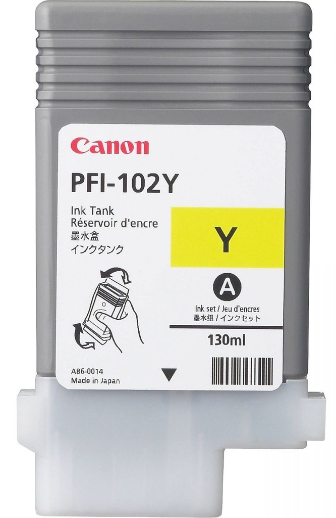 Dye Ink Tank Canon PFI-102 LP24, iPF 650, iPF 655, iPF 700, iPF 710, iPF 720, iPF 755, iPF 760, iPF 765, iPF 500, LP 17, iPF 510, iPF 610, iPF 600, iPF 605 PFI-102, 0898B001AA Inks 130 ml Yellow Original