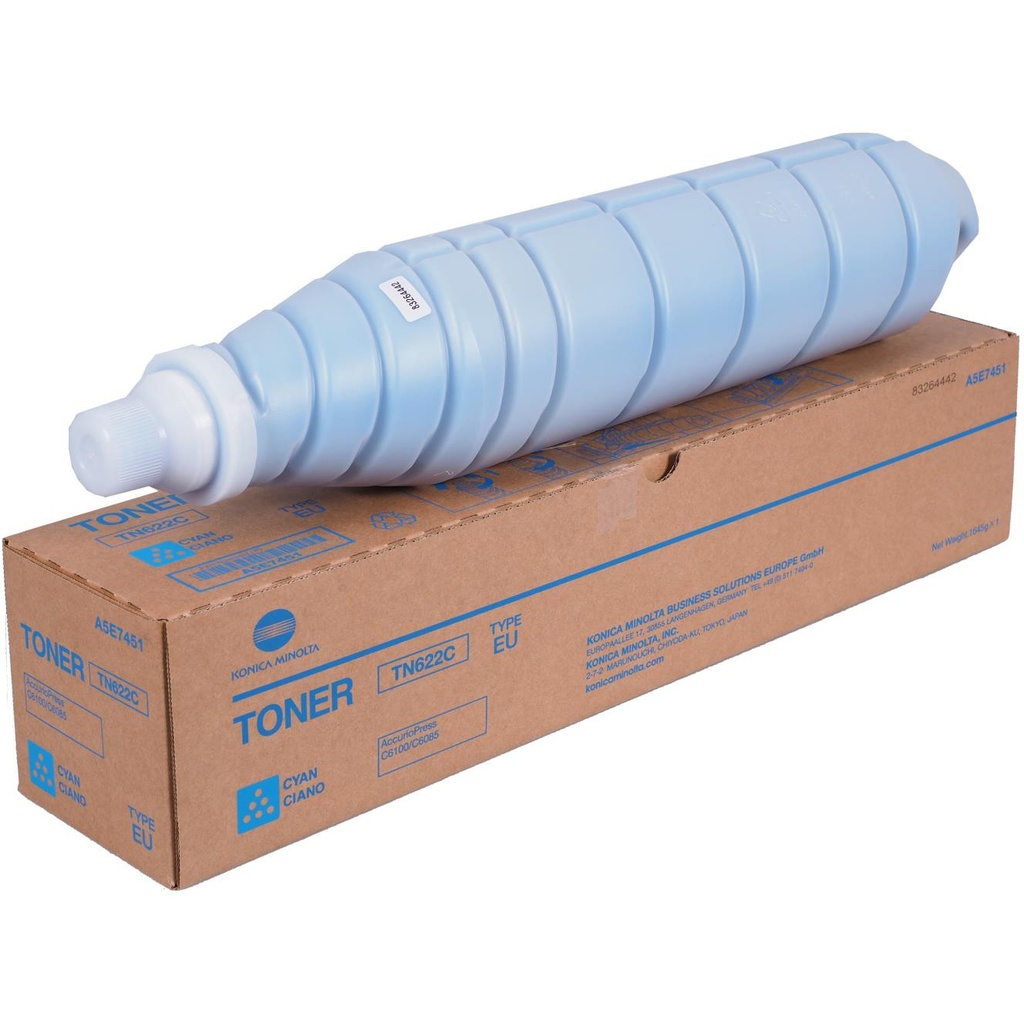 Cartus toner Minolta Bizhub Press C1085, Bizhub Press C1100 TN622 TN622C, A5E7450 1 bottle cartridge, Polymer toner, yield ca. 95k (5%) Cyan Original
