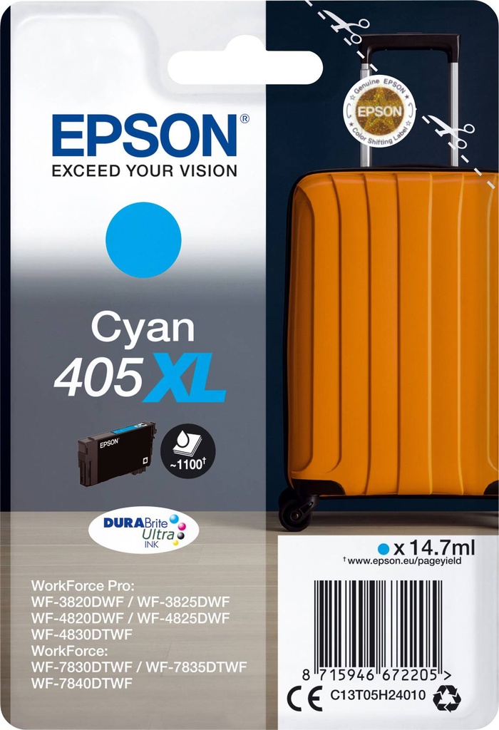 Cartus cerneala Epson WorkForce Pro WF 3820DWF, WF 3825DWF, WF 4800, WF 4820DWF, WF 4825DWF, WF 4830TWF, WF 7310DTWF, WF 7830TWF, WF 7835TWF, WF 7840TWF, 405XL Cyan Original