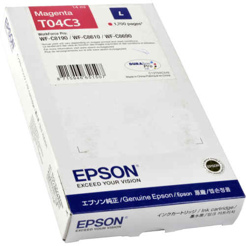 [C13T04C340] Cartus cerneala Epson WORKFORCE PRO C8190DW, C8610DWF, C8690DWF C13T04C340 Ink Cartridges, T04C3, Singlepack, Standard, L 1.7k Magenta Original