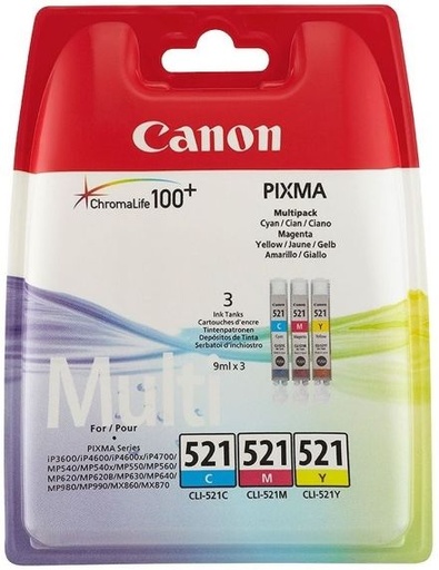 [CLI-521CMY] Cartus cerneala Canon Pixma IP3600, IP4600, IP4700, MP540, MP550, MP560, MP620, MP630, MP640, MP980, MP990, MX860, MX870, CLI-521 C/M/Y, BS2934B007AA Cyan/Magenta/Yellow Original