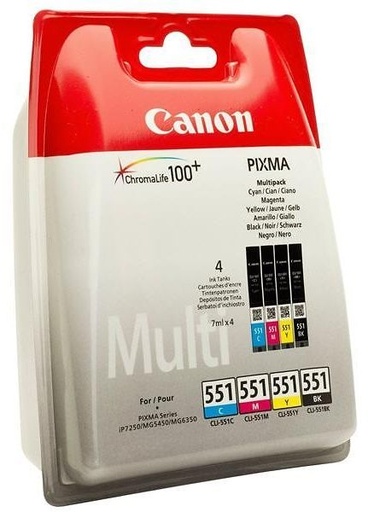 [CLI-551XLCMYK] Multipack cerneala Canon Pixma IP7250, IP8750, MG5450, MG5550, MG5650, MG6350,MG6450, MG6650 BLACK, MG6650 WHITE, MG7150, MG7550, MX725, CLI-551XL 11ml CMYK Original